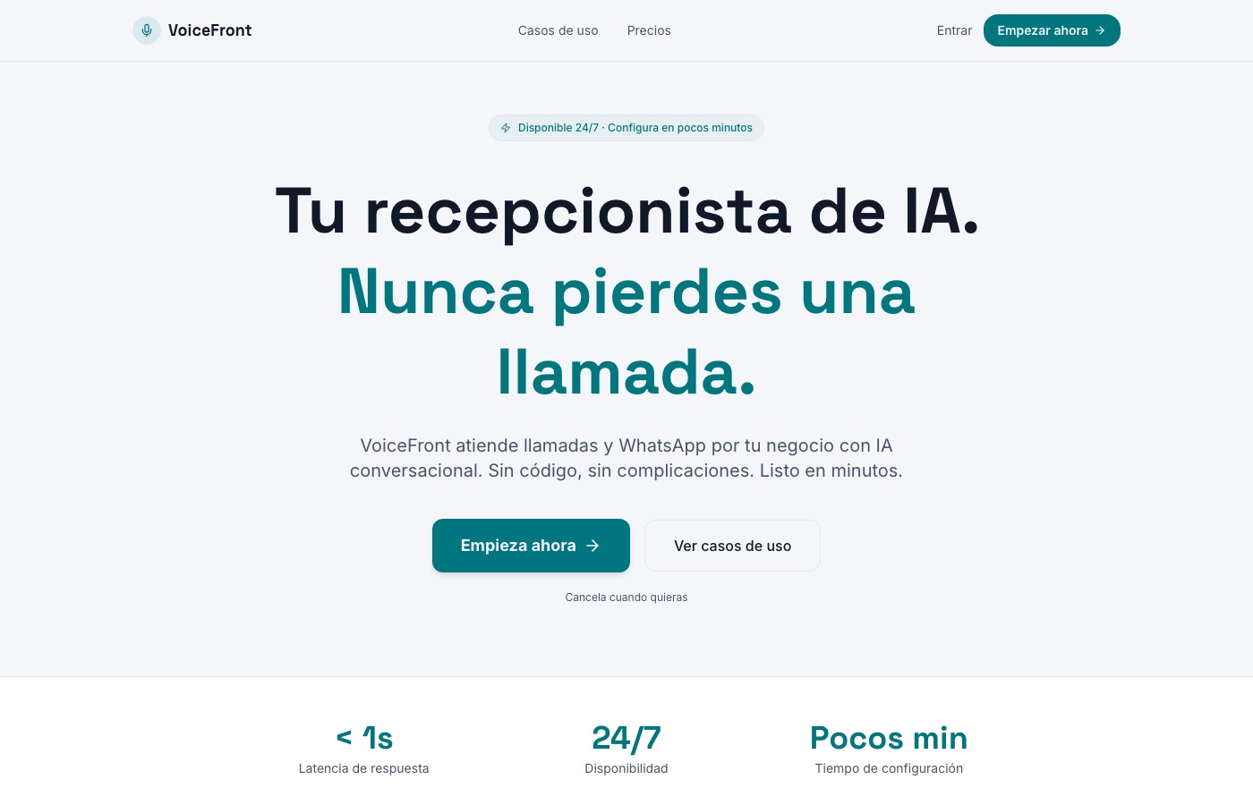 Página de VoiceFront, recepcionista de voz con inteligencia artificial